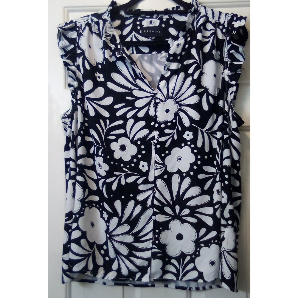 Premise Womens XL Black White Floral V-Neck Ruffle Chiffon Cap Sleeve Blouse